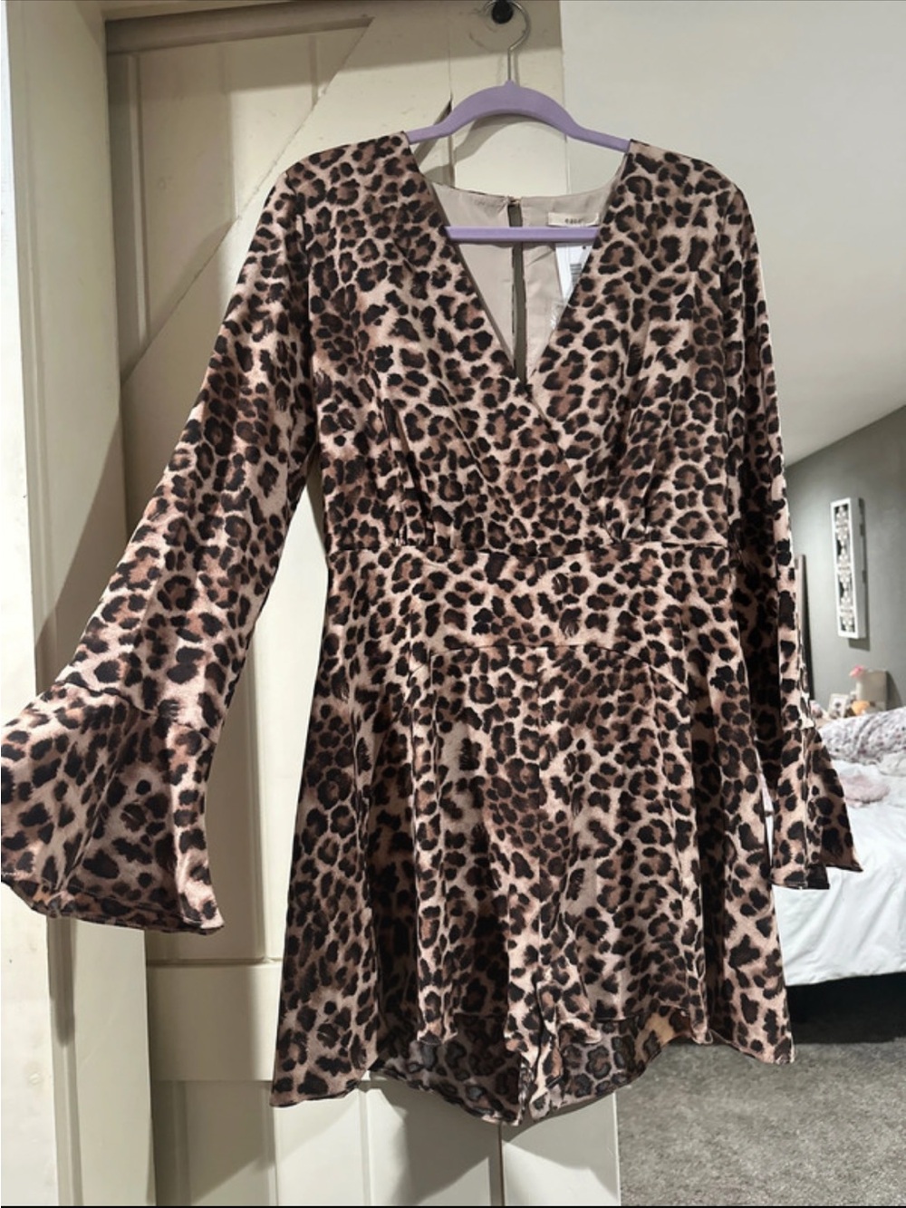 easel Leopard Print Long Sleeve V-Neck Dress - Brown/Tan